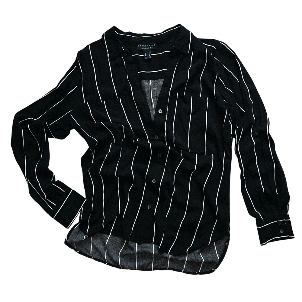 Streetwear Society Women's Black White Stripe Long Sleeve Button Up Shirt